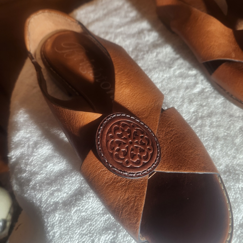 Brighton Nicole X Band Sling Leather Sandals In Cognac Size 8M- Made In Brazil - Picture 9 of 10
